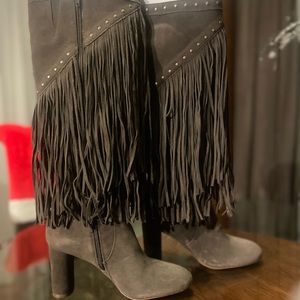 Fringed tall boot, leather upper, side zipper